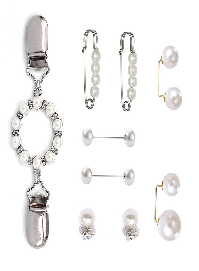 ROPAKED 9PCS Pearl Waist Brooch Pins Dress Back Clips Waist Cincher Tightening Waistband Cardigan Clip Sweater Shawl Clips Decorated Safety Pins Collar Brooch for Women Clothing - Image 1